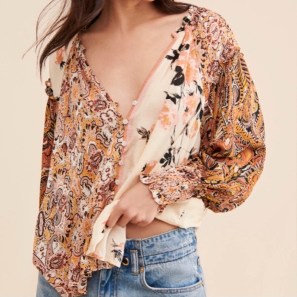 Free People Flowy Button Down Paisley Rose Top Blouse New X Small Boho Vibe XS